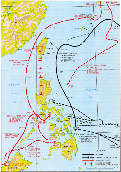 Map depicting the position of the Japanese and US Fleets in the South Pacific in October 1944.