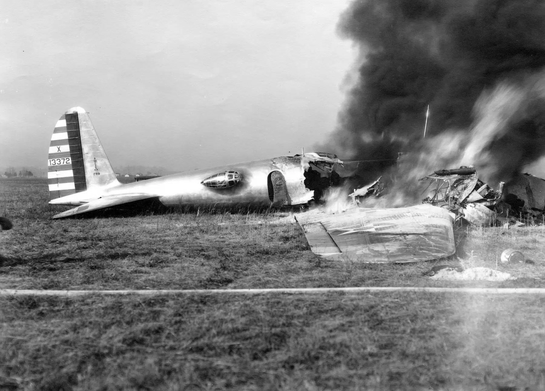 Boeing 299-NX13372-burning after crash Wright Field 30 Oct 1935