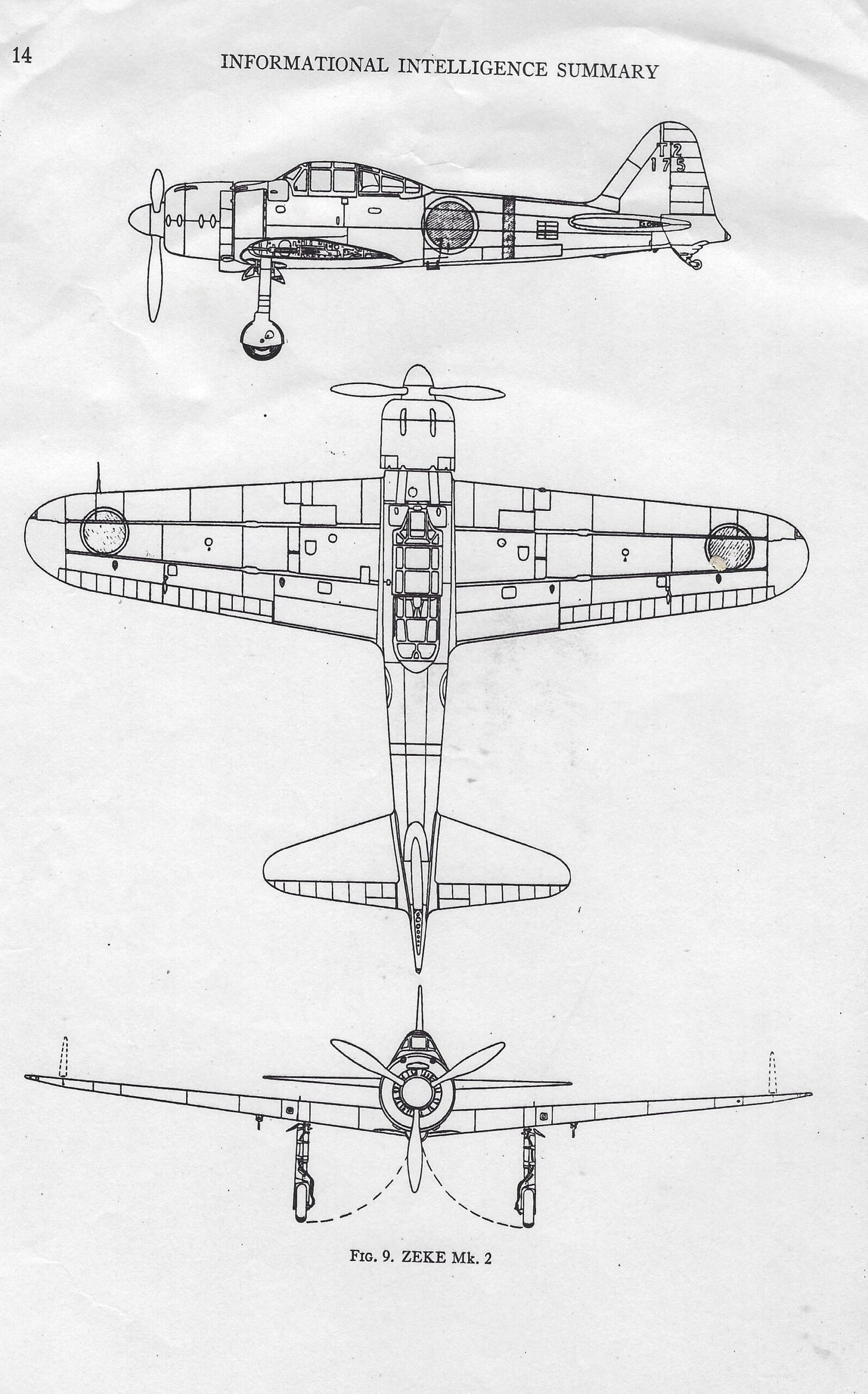 Zero 21 schematic showing bomb attachment points and folding wingtips